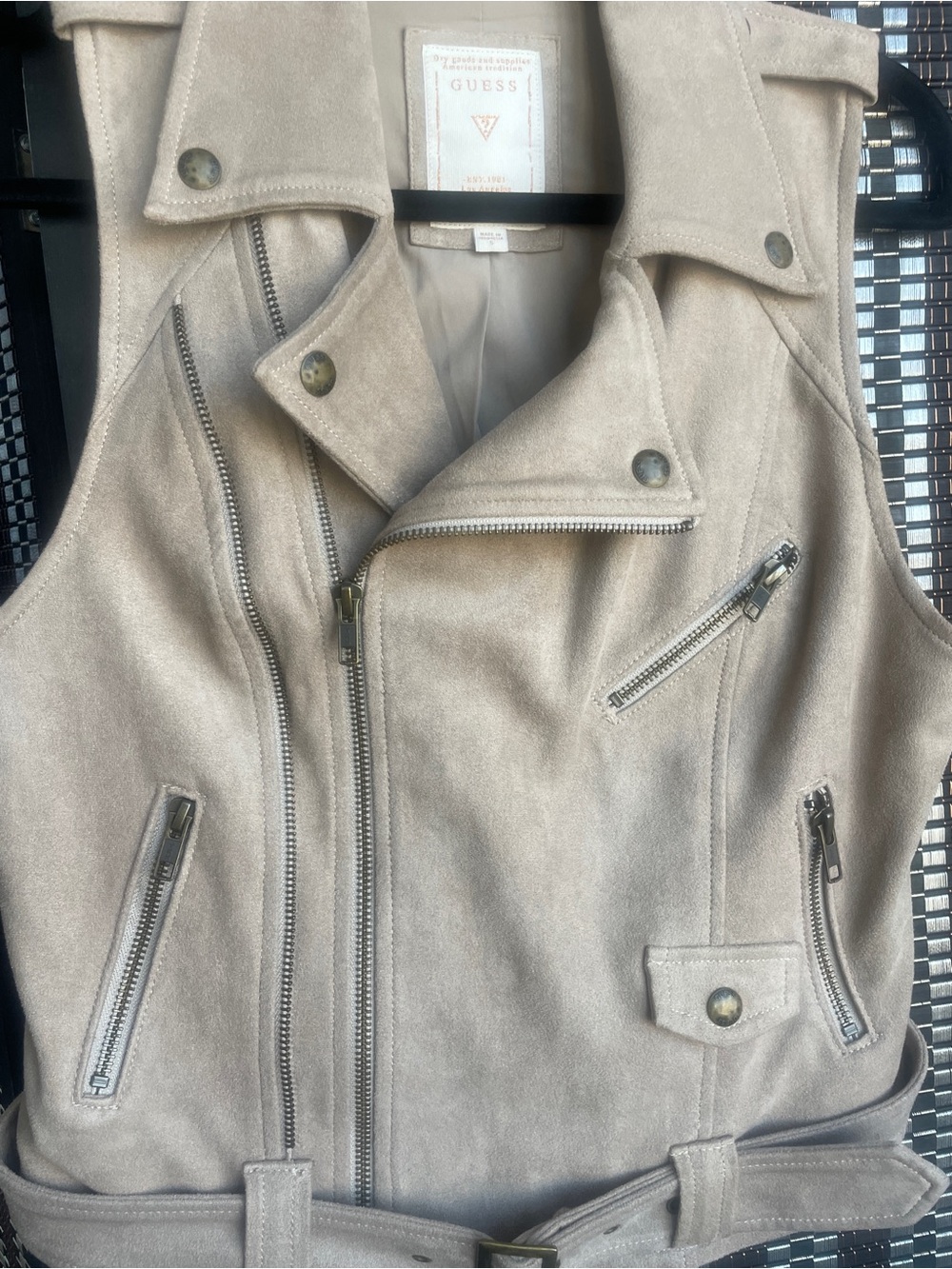 GUESS Taupe Vegan Suede Moto Vest with Belt